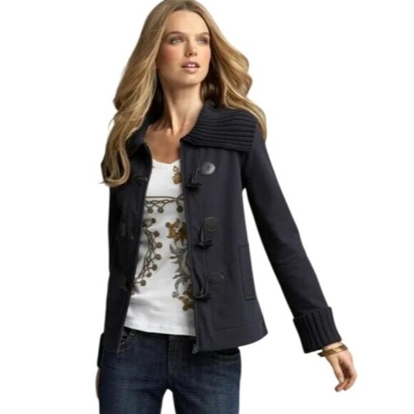 Tommy Hilfiger Womens Navy Toggle Jacket large folded collar Sz Med fall winter - Picture 2 of 10